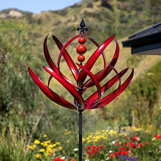 Yard Garden Wind Spinners - 91" Height Extra Large Wind Spinners Outdoor Metal, Kinetic Wind Sculptures for Lawn Patio Garden Decor (Burgundy Lotus)