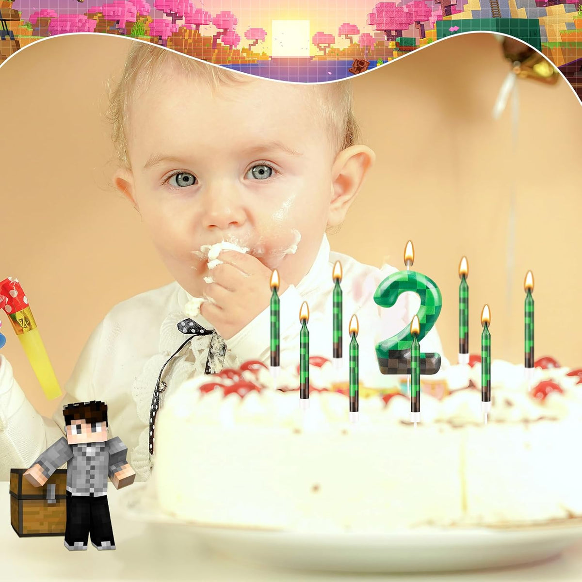 13 Pcs Dynamite Candles 12 TNT Themed Birthday Cake Candles and Number 2 Candle Cake Topper for Pixel Theme Birthday Party Anniversary Party Dynamite Theme Party Video Game Party Supplies (Number 2)