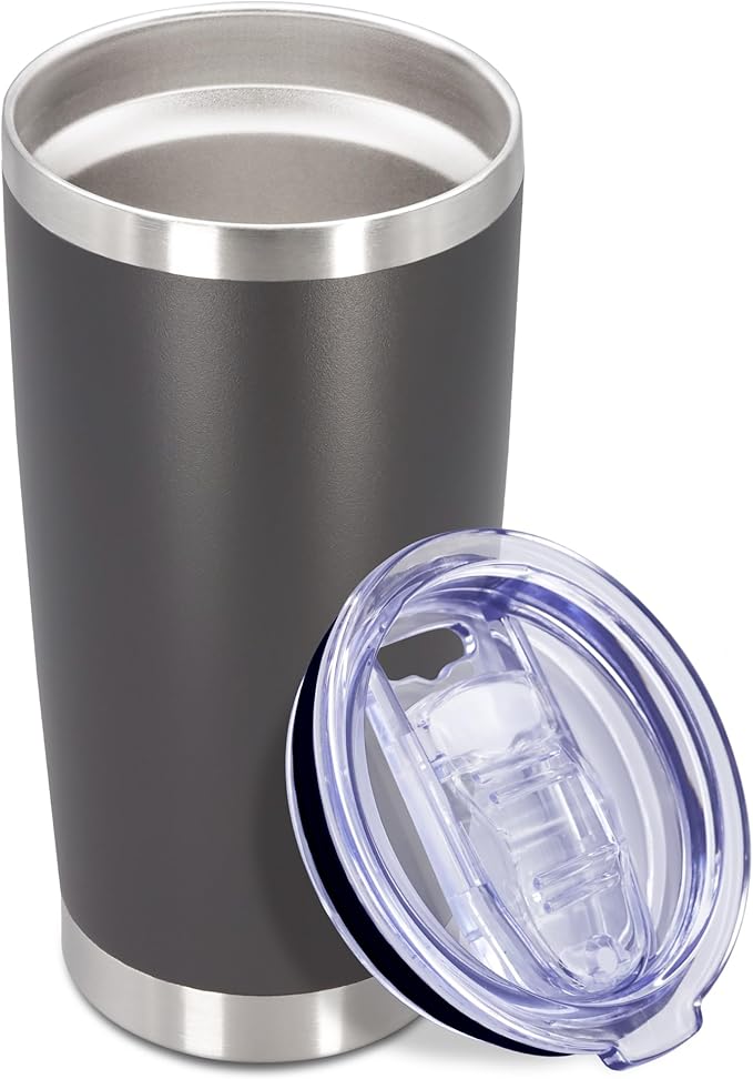 20 oz Tumbler Coffee Travel Tumblers Bulk with Lid Stainless Steel Double Wall Vacuum Insulated Mug Powder Coated Cups fit Car Cupholder for Hot and Cold - Grey, 1Pack