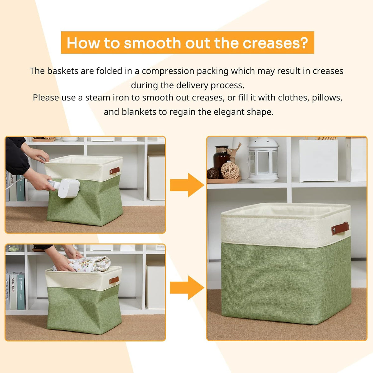 DULLEMELO 16 inch Fabric Storage Basket, Decorative Storage Boxes with Leather Handle for Closet Shelf Nursery, Collapsible Linen Storage Bins for Organizing Toys Book Towel Organizers(White&Green)