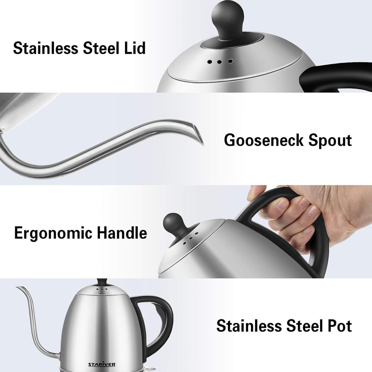 Stariver Electric Kettle Gooseneck Kettle, 1L Water Boiler, BPA-Free, Pour Over Tea Pot Stainless Steel for Coffee & Tea with Fast Heating, Auto-Shut Off and Boil-Dry Protection Tech