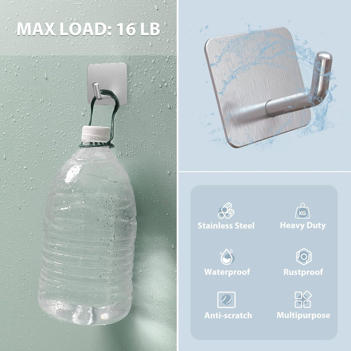 VIS'V Adhesive Hooks, Heavy Duty Shower Wall Stick on Hooks, Waterproof, 2 Extra Adhesive Strips, Silver, 4 Pcs