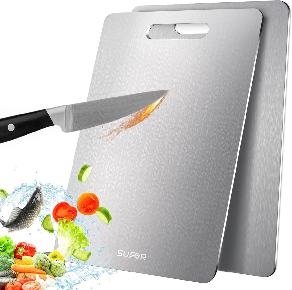 2 Pack Titanium Cutting Board, 100% Pure Titanium Cutting Boards For Kitchen, Non-Slip Chopping Board, Dishwasher Safe, Easy to Clean, Durable & Hygienic for Meat, Vegetables, Fruits (18 * 12)