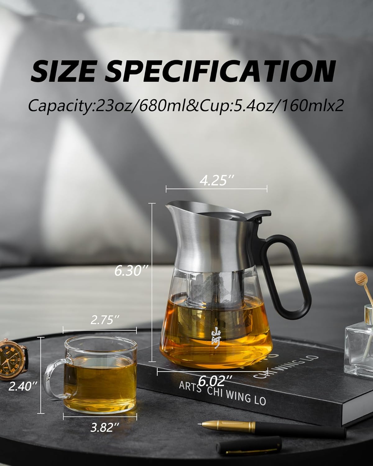 ZENS Design Glass Teapot with Infuser with 2 Cups, 23oz Small Loose Leaf Steeper Pot with Stainless Steel Spout for Hot Tea Diffusers, Oval Handle Clear Tea Infusers Pot for Tea Lovers Gifts