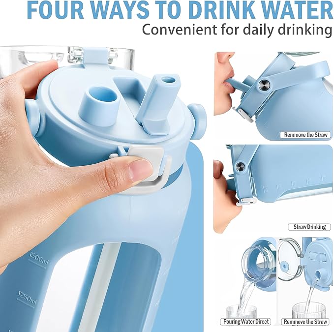 BLUEGO 64oz Glass Water Bottles with Straw Time Marker Half Gallon Large Motivational Water Bottle with Silicone Sleeve 2 Liter Large Glass Water Jug for Gym, Sports& Workout, Daily, Light Blue