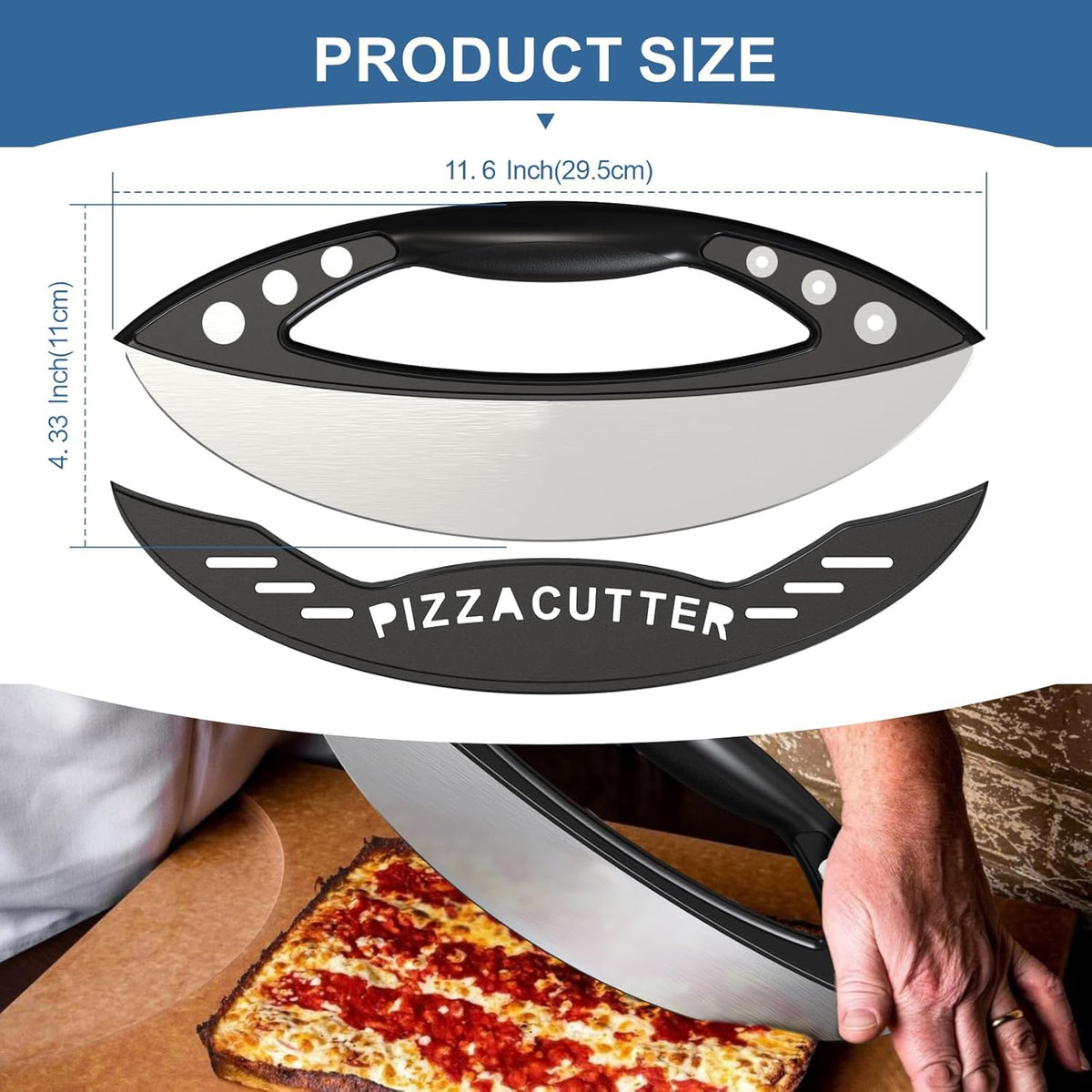 AILUROPODA 12-Inch Pizza Rocker Blade Cutter, Stainless Steel with Protective Cover, Silver