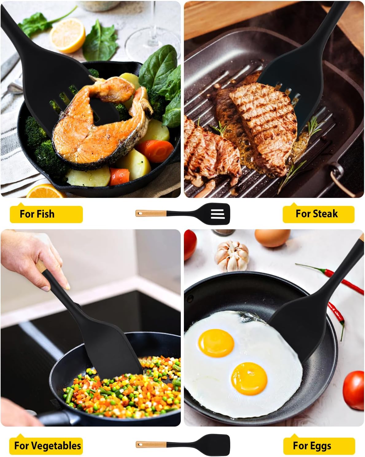 Pack of 2 Large Silicone Spatula, Heat Resistant Solid Turner, Non Stick Slotted Spatulas with Wooden Handle, Ideal Kitchen Utensils for Flipping, Pancakes, Eggs, Fish(BLACK)