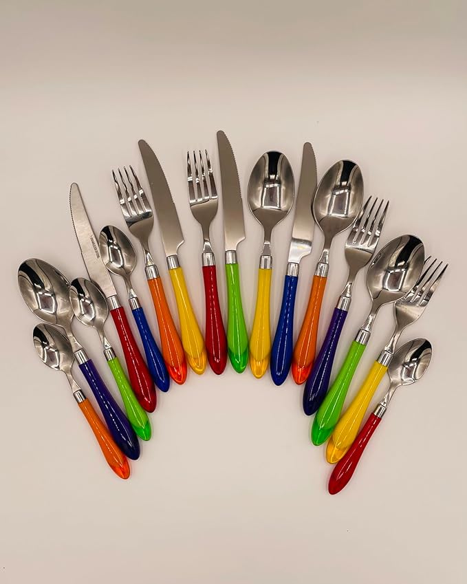 The Original Brink House Rainbow Mix & Match Stainless Steel Cutlery Set with Translucent Handles / 16 pieces with Metal Stand/Lifestyle utensils set for home, first apartment, dorm, outdoor events