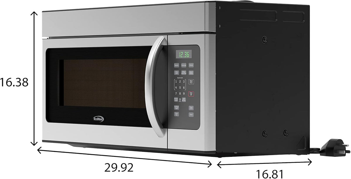 KoolMore KM-MOT-1SS Range Microwave Oven Lamp and 300CFM Recirculation Vent Hood, Auto Cook Menus, Reheat Function, 10 Power Levels, Timer, and Weight Defrost, 30 in/1.6 Cu. Ft, Silver