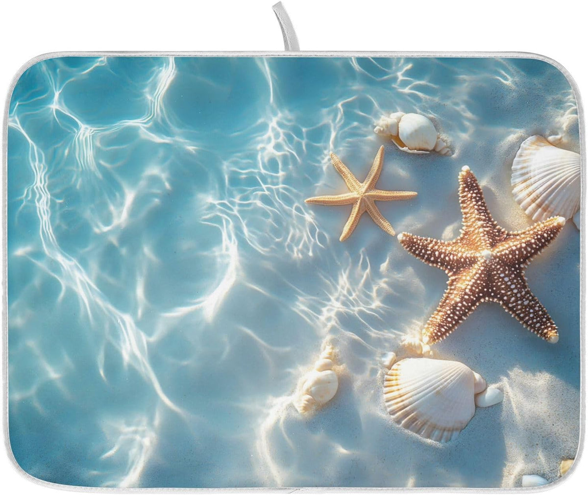 Starfish and Seashell on The Summer Beach Dish Drying Mat for Kitchen Counter Absorbent Microfiber Small Drying Pad Dish mats for Kitchen Countertops 16 x 18 Inch
