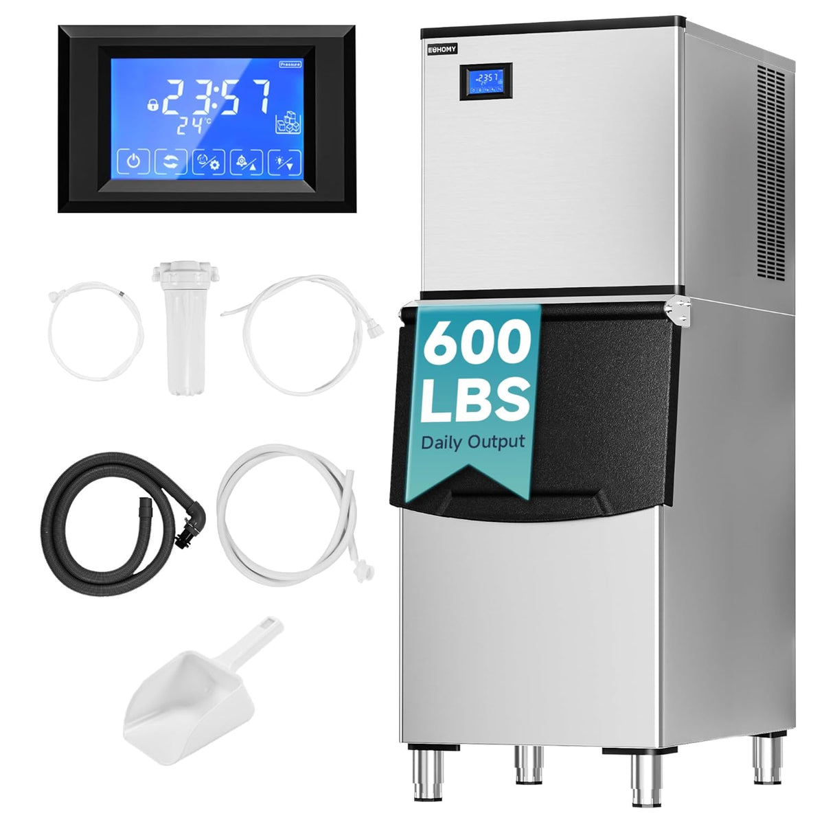 EUHOMY Commercial Ice Maker Machine,600lbs/24H,Industrial Ice Machine with 300lbs Storage Bin,Ice Ready in 10-15 Mins,SECOP Compressor&ETL,Stainless Steel Ice Maker for Bar/Cafe/Restaurant/Business