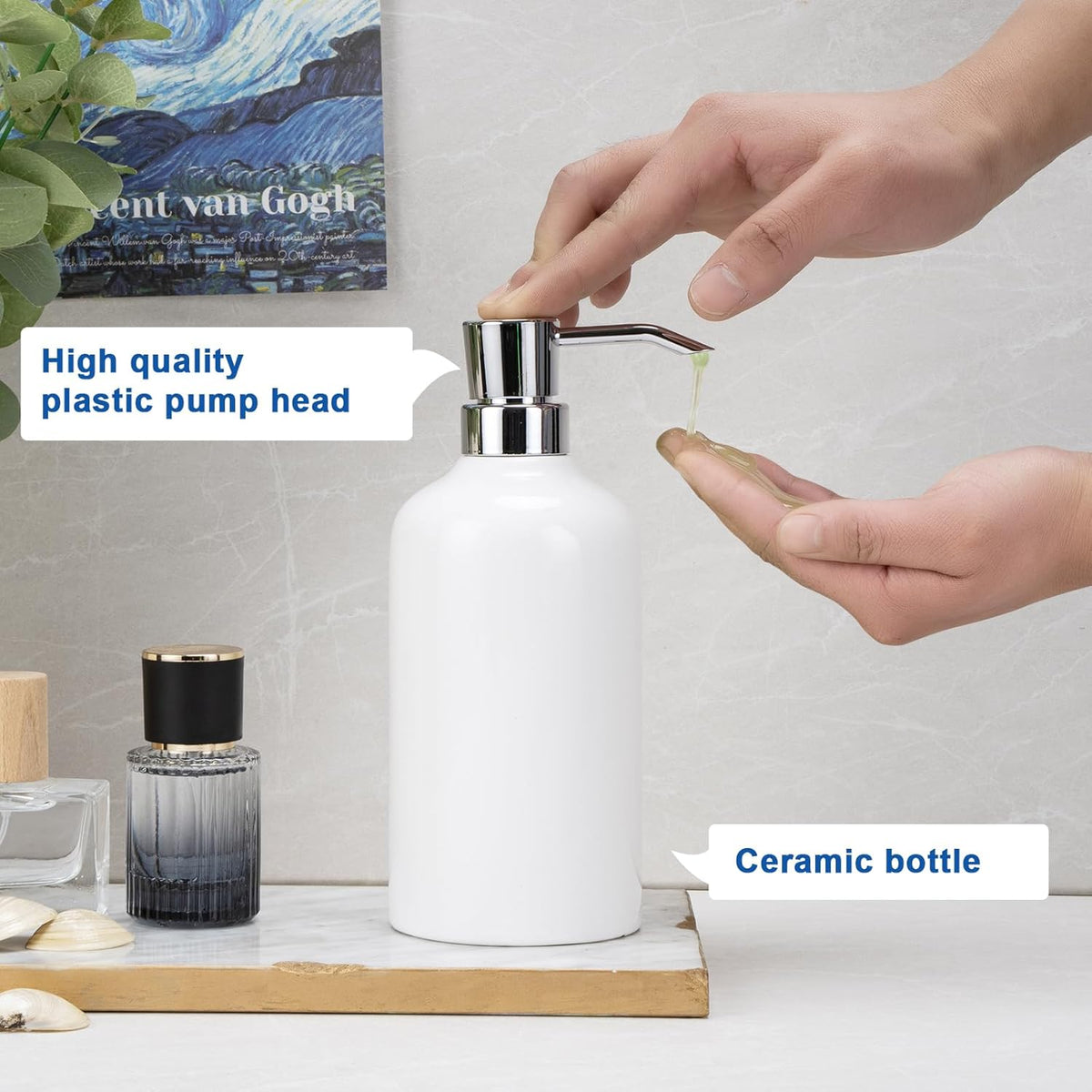 Ceramic White Soap Dispenser with Rust-Proof Plastic Pump Bathroom, 16.9oz Hand Soap Dispenser for Kitchen, Hotel