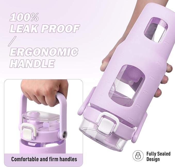 BLUEGO 32oz Glass Water Bottles with Straw Time Marker Half Gallon Large Motivational Water Bottle with Silicone Sleeve 2 Liter Large Glass Water Jug for Gym, Sports& Workout, Daily, Purple