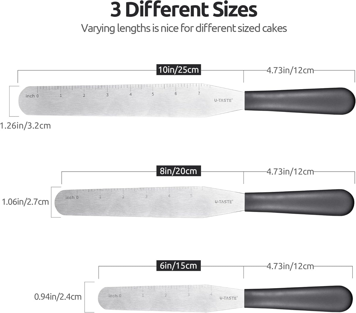 U-Taste Cake Icing Spatulas Set: Straight Decorating Frosting Knife with 6", 8", 10" Thinner Stainless Steel Blade, Flexible Smoothing Spreading Tools with Comfortable PP Handle for Cream (Black)