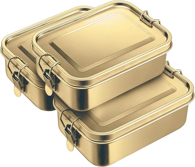 3-Pack 850ml (28.7 oz) Stainless Steel Gold Color Bento Lunch Box Containers with Lids - Waterproof Metal Food Storage - Snack Prep Trays and Tiffin Carriers