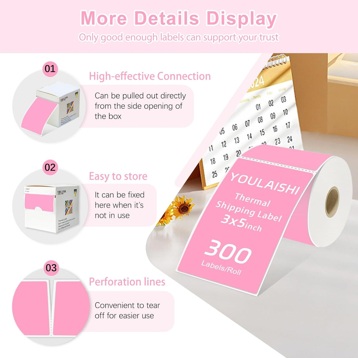 3 X 5 Inch Printable Waterproof Rectangle Color Coding Labels, 300 Per Roll Adhesive Color Coding Stickers for Bar-Codes, Address, Small Business Labeling, Inventory, Pink