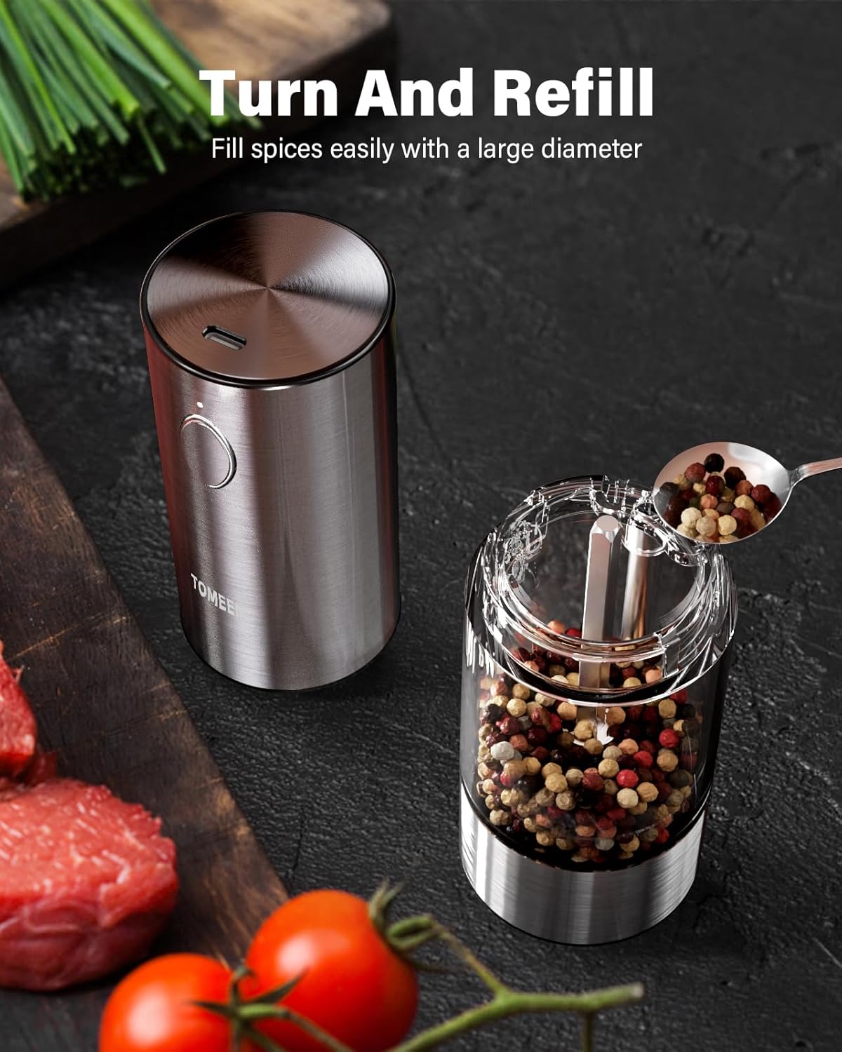 TOMEEM Upgraded Larger Capacity Electric Salt and Pepper Grinder Set Rechargeable with LED lights, Stainless Steel Automatic Pepper and Salt Grinder Refillable with 5 Adjustable Coarseness