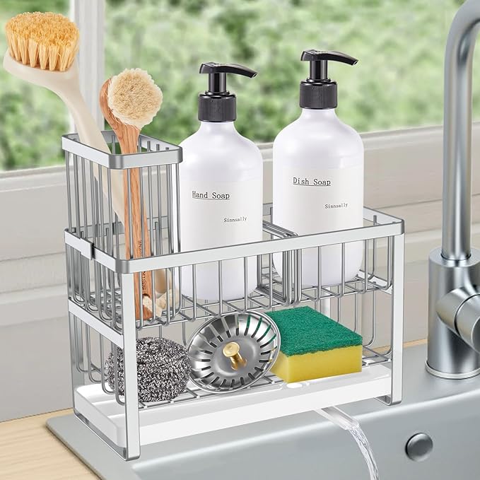 Sinnsally Kitchen Sponge Holder,2 Tier Sink Caddy Organizer with High Brush Holder,Stainless Steel Sink Box Dish Scrubber Holder,Soap Tray for Kitchen Counter Accessories & Storage Rack (Silver)