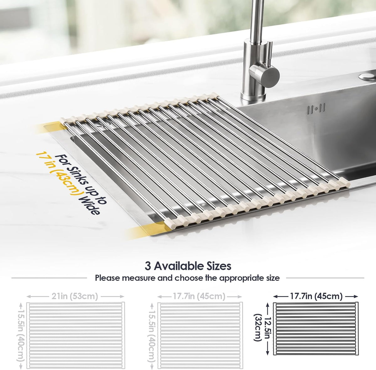 Tomorotec 17.7" x 12.5" Roll Up Dish Drying Rack Over Sink Drying Rack Sink Cover Kitchen Sink Accessories Gadget Multipurpose Organizer Foldable Stainless Steel Drainer