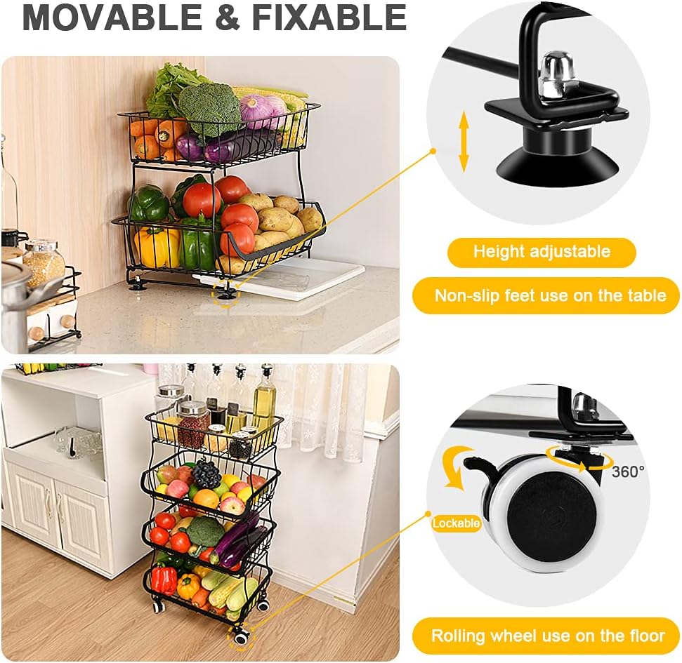 Fruit Vegetable Storage Basket, 4 Tier Stackable Metal Wire Storage Baskets with Wheels, Fruit Vegetable Produce Basket Organizer Bins for Kitchen, Pantry, Bathroom