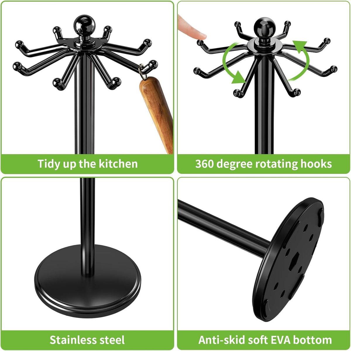 Kitchen Countertop Utensil Holder, Stainless Steel Rotatable Cooking Utensils Holder with 8 Rotating Hooks, Hanging Organizer for Spoon, Spatula, Black