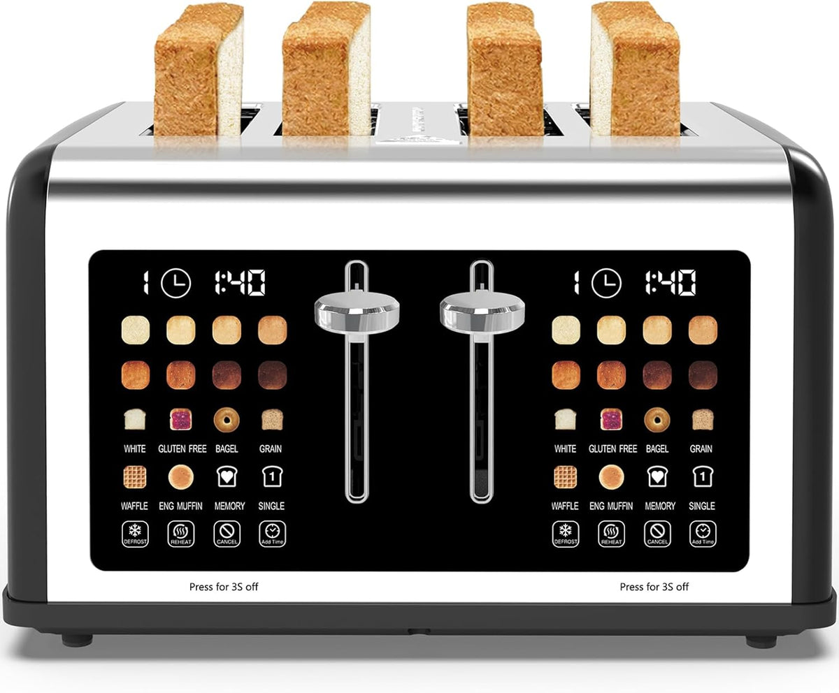 4 Slice Toaster Touch Screen, Stainless Steel Toasters Digital Timer, Dual Control Panel Toasters, 8 Shade Settings 6 Bread Types for Bagel, Cancel, Defrost 1650W Black