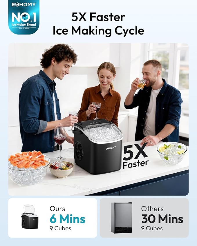 EUHOMY Countertop Ice Maker Machine with Handle, 26lbs in 24Hrs, 9 Ice Cubes Ready in 6 Mins, Auto-Cleaning Portable Ice Maker with Basket and Scoop, for Home/Kitchen/Camping/RV. (Black)