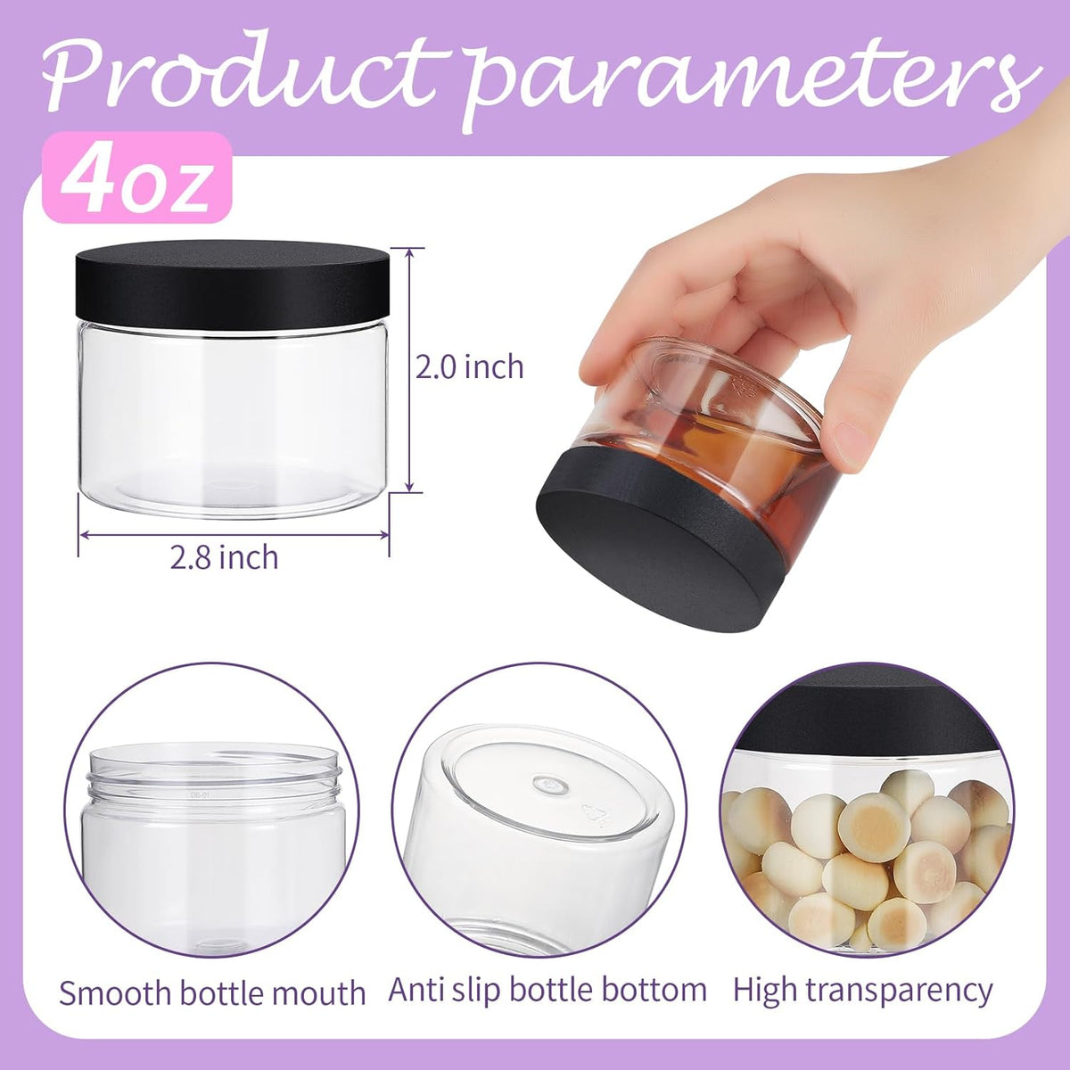 72 PCS 4 OZ Plastic Jars with Screw On Lids,Labels Refillable Empty Round Slime Cosmetics Containers for Storing Dry Food, Honey Jam, Cream, Butter, Lotion, black