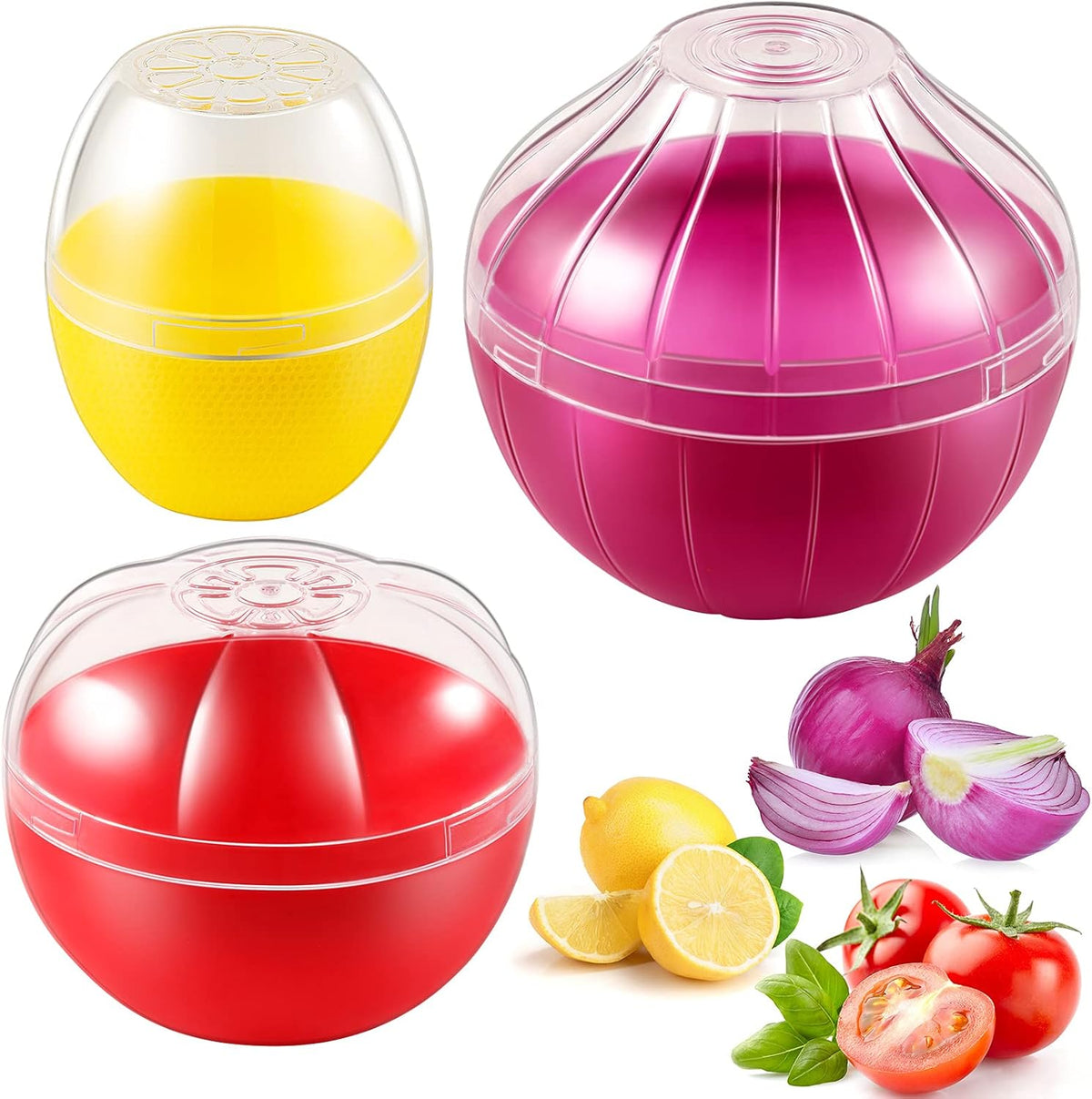 Vegetable and Fruit Storage Containers for Fridge, 3 Pieces BPA Free Reusable Food Saver - Tomato, Lemon, Onion Keeper Holder - Refrigerator Vegetable Crisper for Keeping Food Fresh Longer