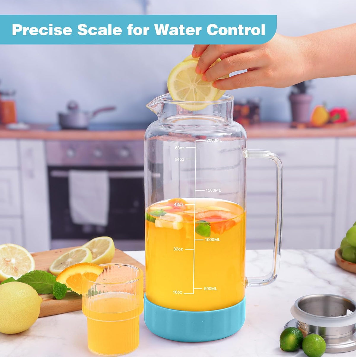 Aofmee 68oz Glass Pitcher with Lid, 2 Liter Water Carafe with Silicone Base and Precise Scale Line, Ice Tea Pitcher for Fridge, Anti-Slip Glass Jug for Sun Tea Juice Coffee Milk Beverage (Blue)