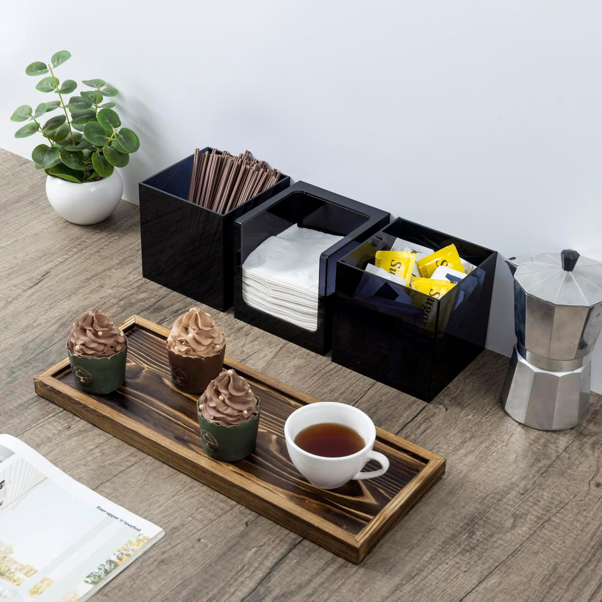 MyGift Modern Acrylic Coffee and Tea Station Organizer with 3 Removable Premium Translucent Black Acrylic Compartments and Rustic Burnt Solid Wood Decorative Tray, 4 Piece Set