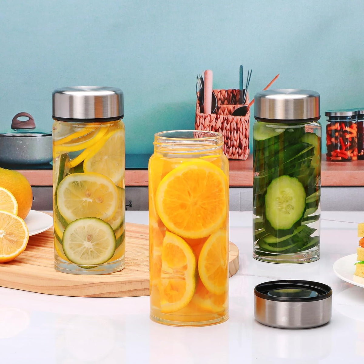 4 Pack Juice Bottles with Lids,12oz Wide Mouth Glass Bottles with Stainless Steel Cap,Reusable Glass Water Bottle for Juicing, Smoothies, Infused Water,Beverage Storage,BPA Free,Leakproof