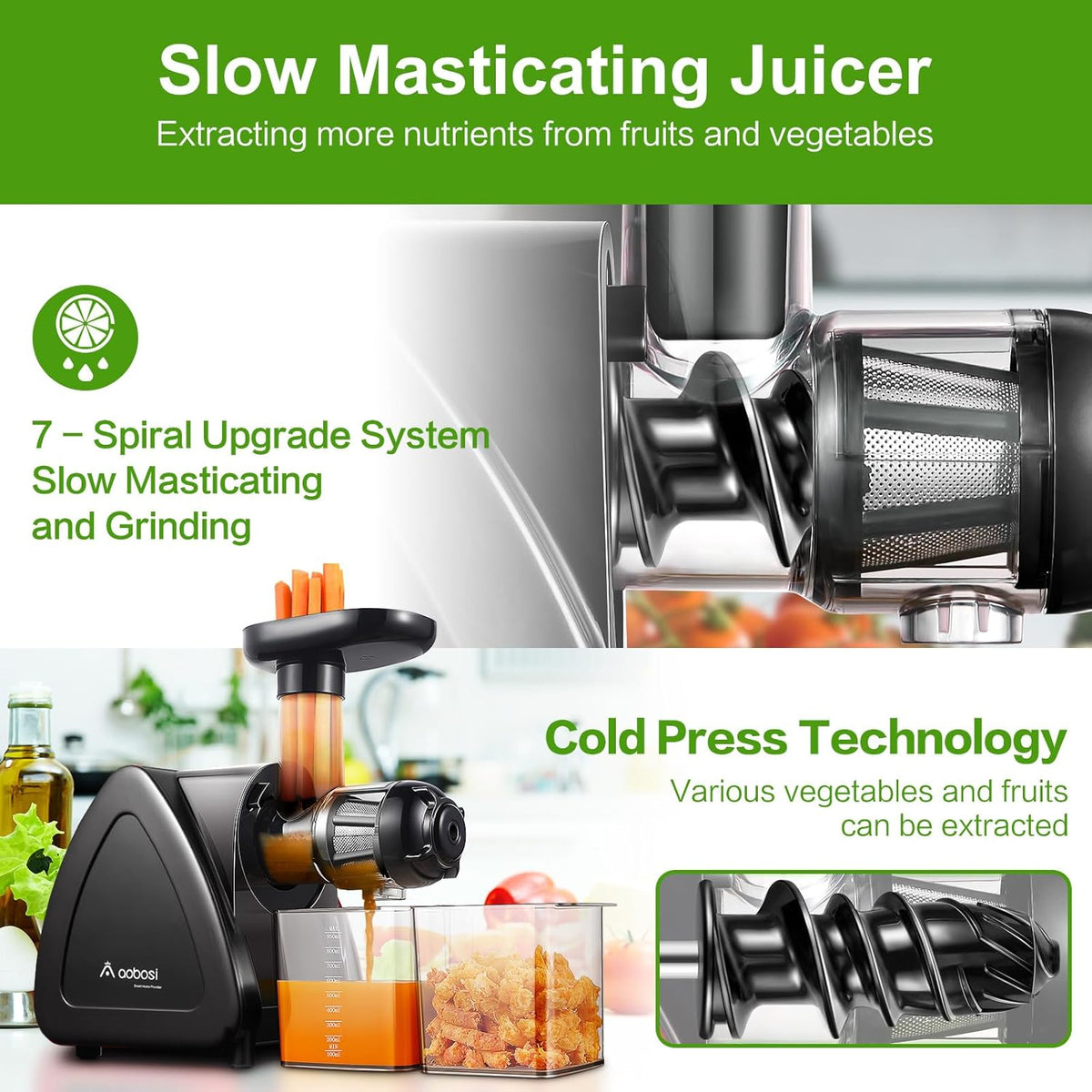 Juicer Machine, Aobosi Slow Masticating Juicers, Cold Press Juicer Machines with Reverse Function, Quiet Motor, High Juice Yield with Juice Jug & Brush for Cleaning (Matte Black)