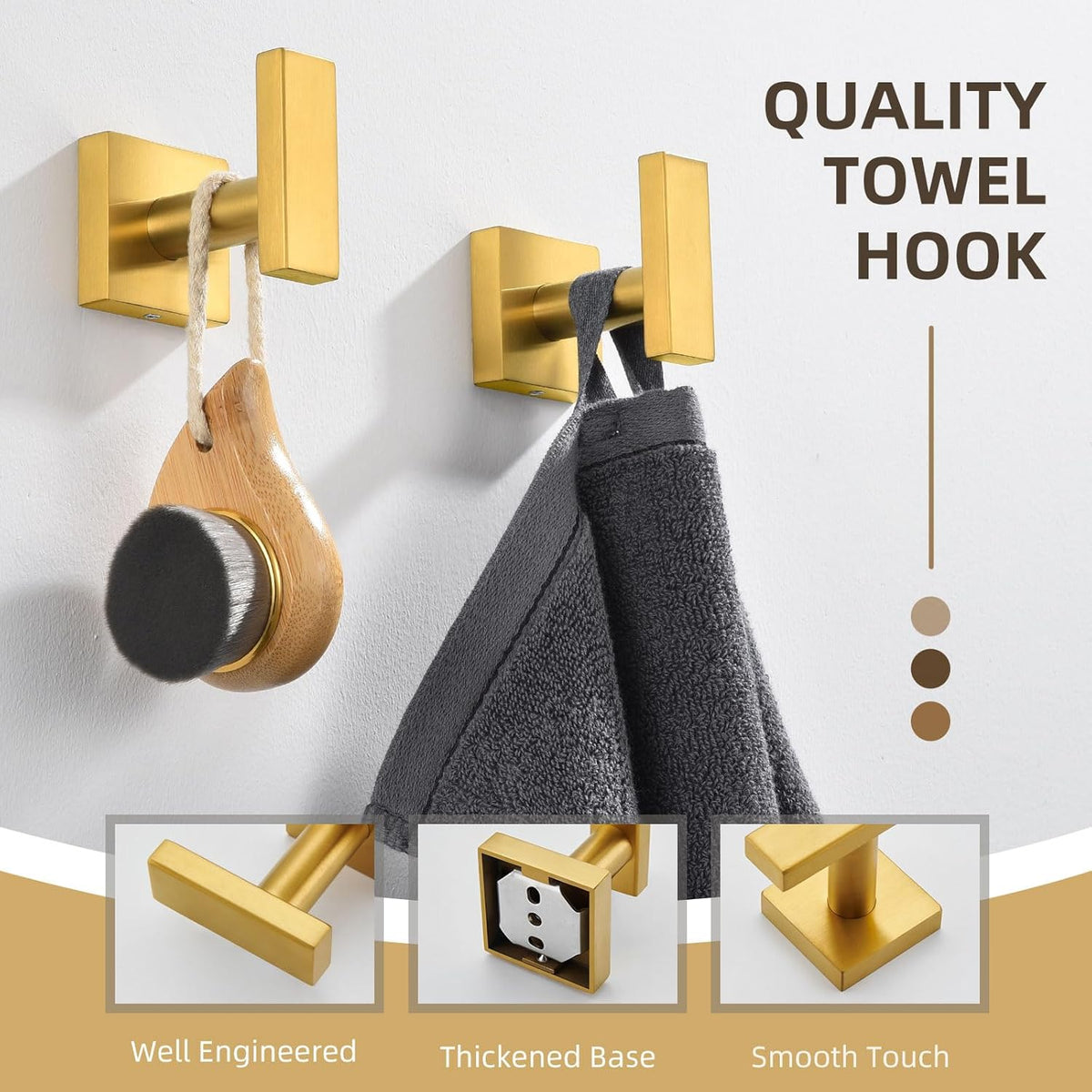 Angle Simple Towel Hooks for Bathroom, SUS 304 Stainless Steel Square Robe Coat Wall Hooks, Hand Towel Holder, Brushed Gold, 2 Pack