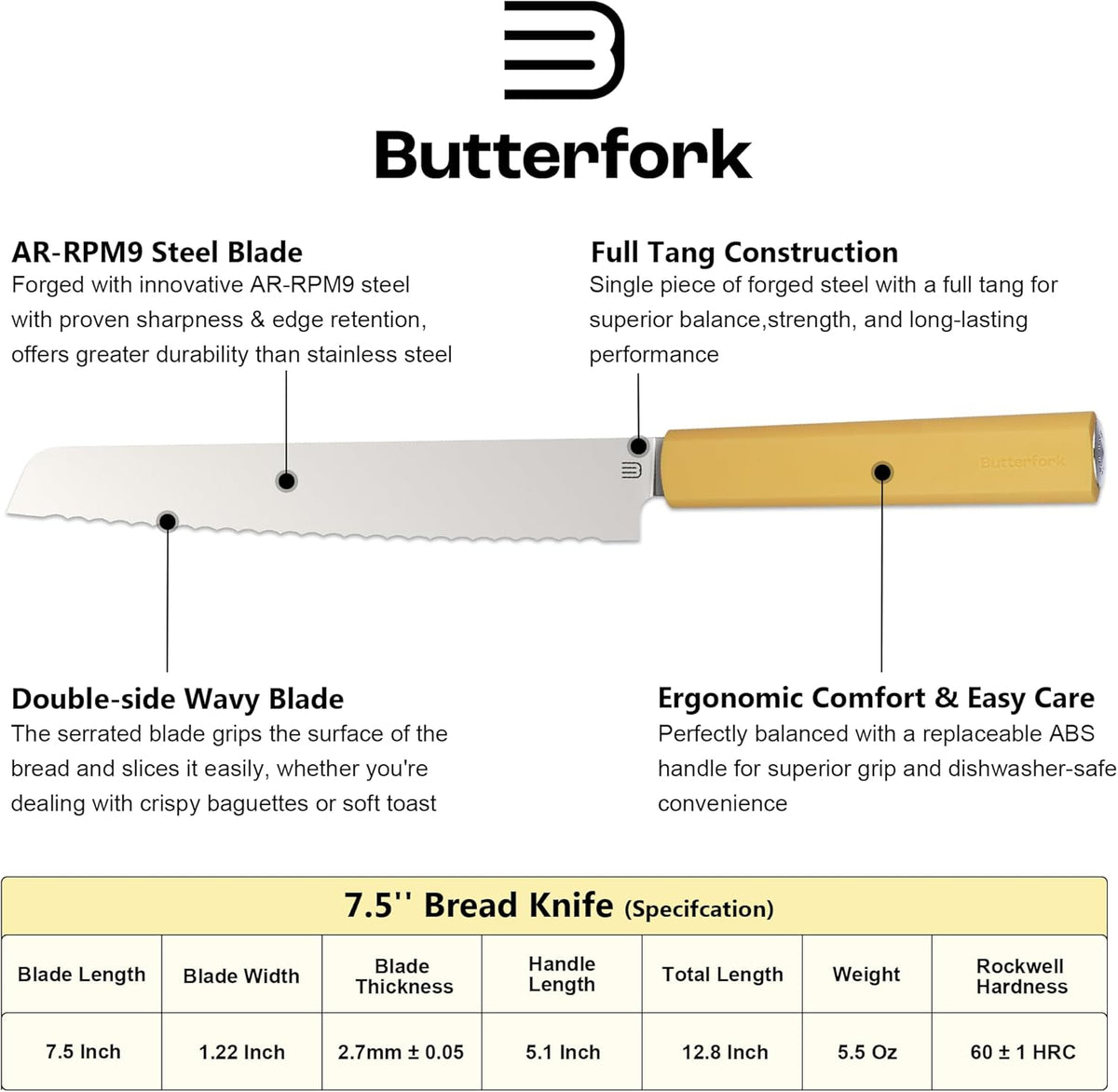 7.5" Serrated Bread Knife for Homemade Bread, AR-RPM9 Steel & Innovative Wavy Edge, Professional Serrated Knife for Sourdough Bread Cake, Gift for Baker Home Chefs