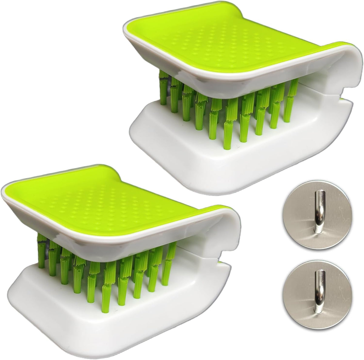 4pcs (2Brush and 2Wall Hook) Openable BladeBrush Knife and Cutlery Cleaner Brush, Silverware Scrubber, Bristle Scrub for Kitchen Washing, Non-Slip, U-Design,Green,Retractable (KCCB-O)