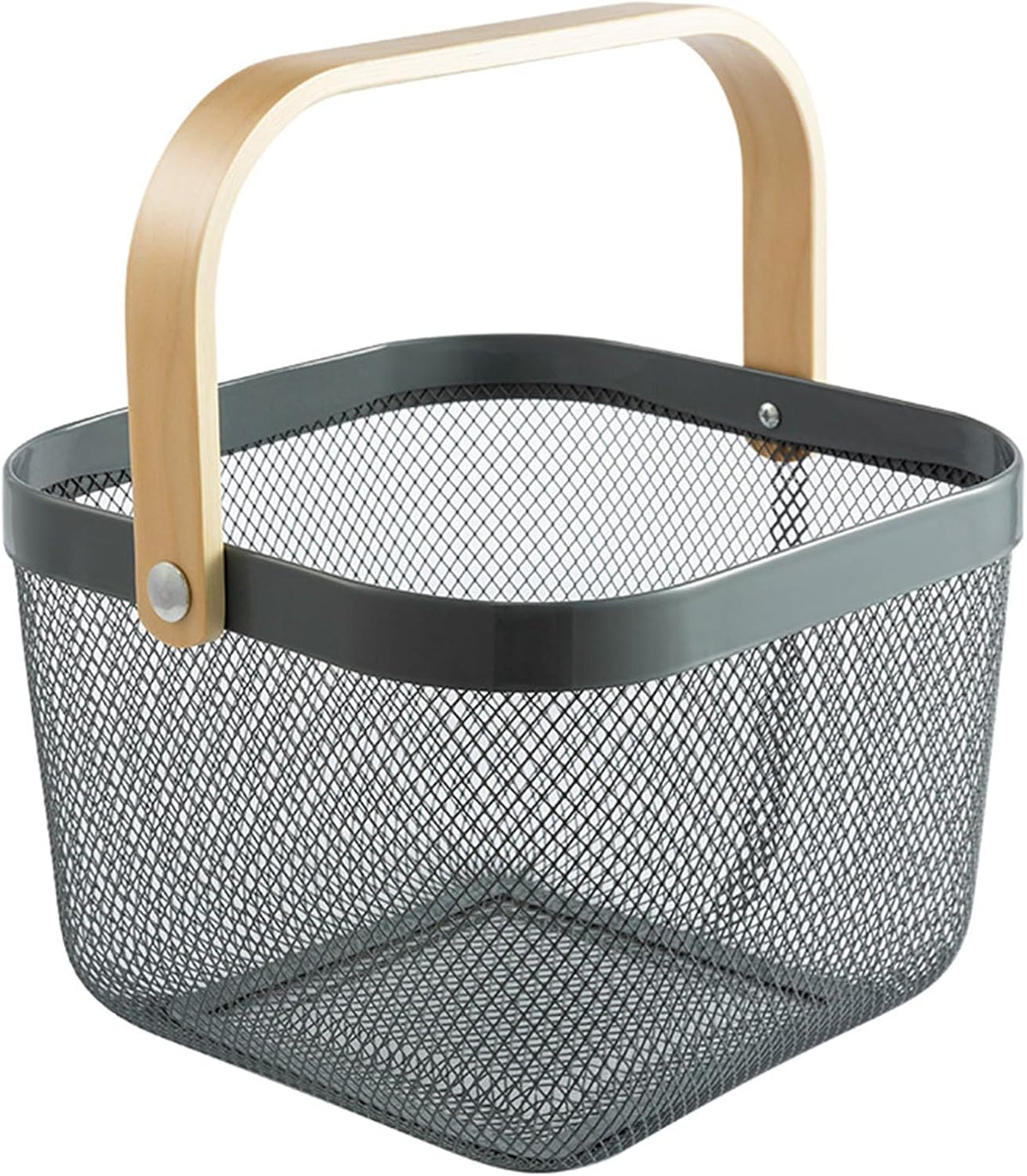 Metal Mesh Steel Basket, Storage Organizer Basket Multi-functional Hanging Kitchen Baskets Fruit Basket with Wooden Handle for Kitchen Bathroom Picnic Shopping Decor Cabinet Home, Grey