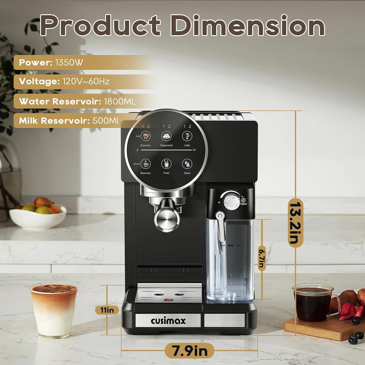 CUSIMAX Espresso Machine for Home, 20 Bar Expresso Coffee Machine,One-touch Control,Automatic Milk Frother,Compact Black Stainless Steel Cappuccino Machine,Ideal for Offices and Homes