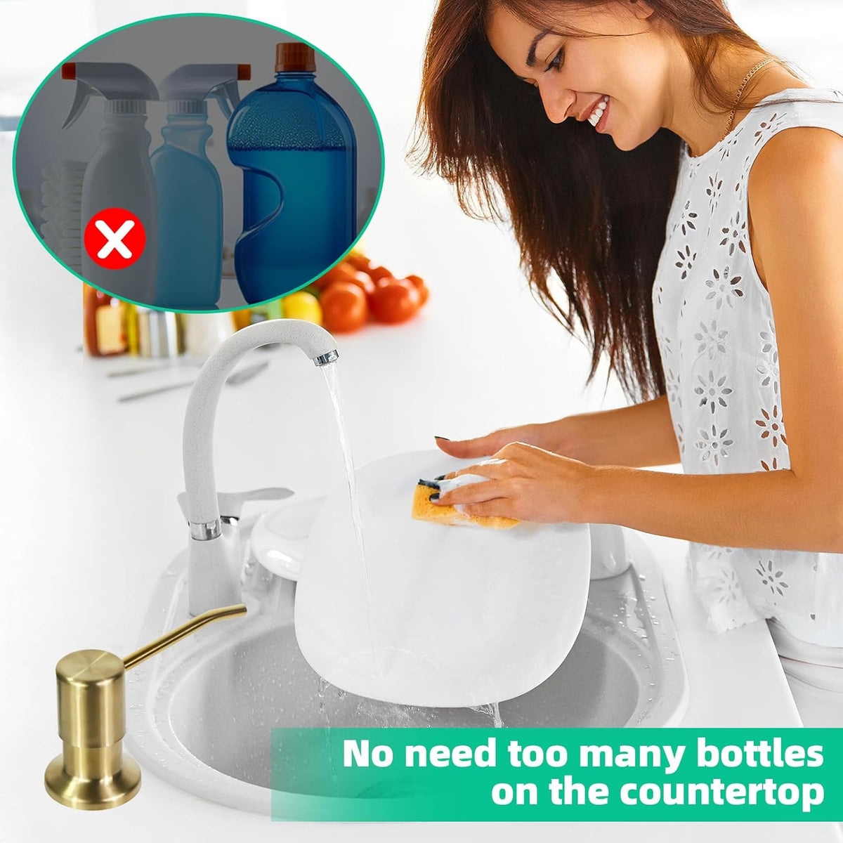 Soap Dispenser for Kitchen Sink, Built in Sink Soap Dispenser, Countertop Soap Dispenser Pump with 47" Extension Tube kit, No Need to Fill Little Bottle Again, Golden
