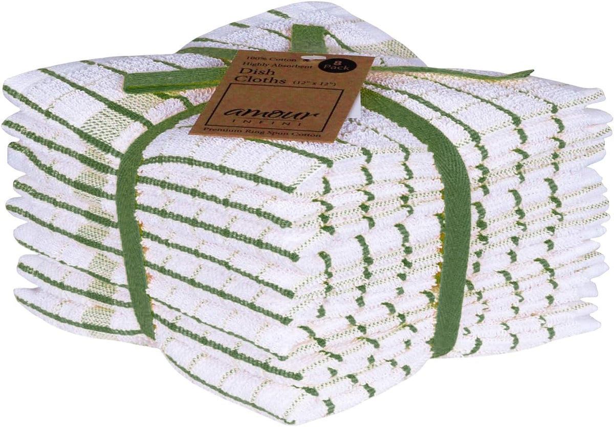AMOUR INFINI Kitchen Dish Cloths Set of 8 - Ultra Soft, Highly Absorbent, Quick-Drying Terry Cotton Dishcloths 12"x12" Inch Wash & Cleaning Cloths for Kitchen & Dishwashing (Green)