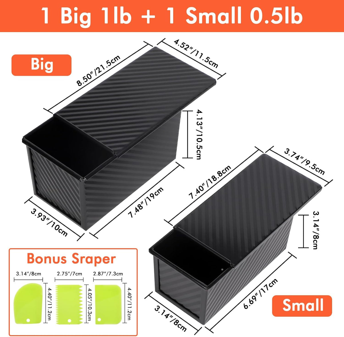 Beasea Pullman Loaf Pan with Lid, 2 Pack Non-Stick Bread Loaf Pans 1 lb & 0.5 lb Carbon Steel Bread Toast Box with Dough Scraper for Homemade Bread Toast Oven Baking - Black