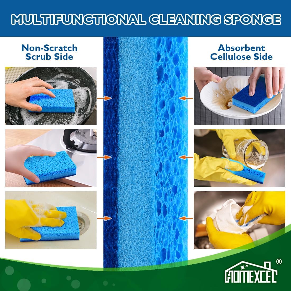 HOMEXCEL Sponges Kitchen 12pcs, Non-Scratch Sponges for Dishes, Scrub Cleaning Sponge Safe on Non-Stick Cookware, Dual Sided Dish Sponge for Kitchen, Household, Bathroom and More