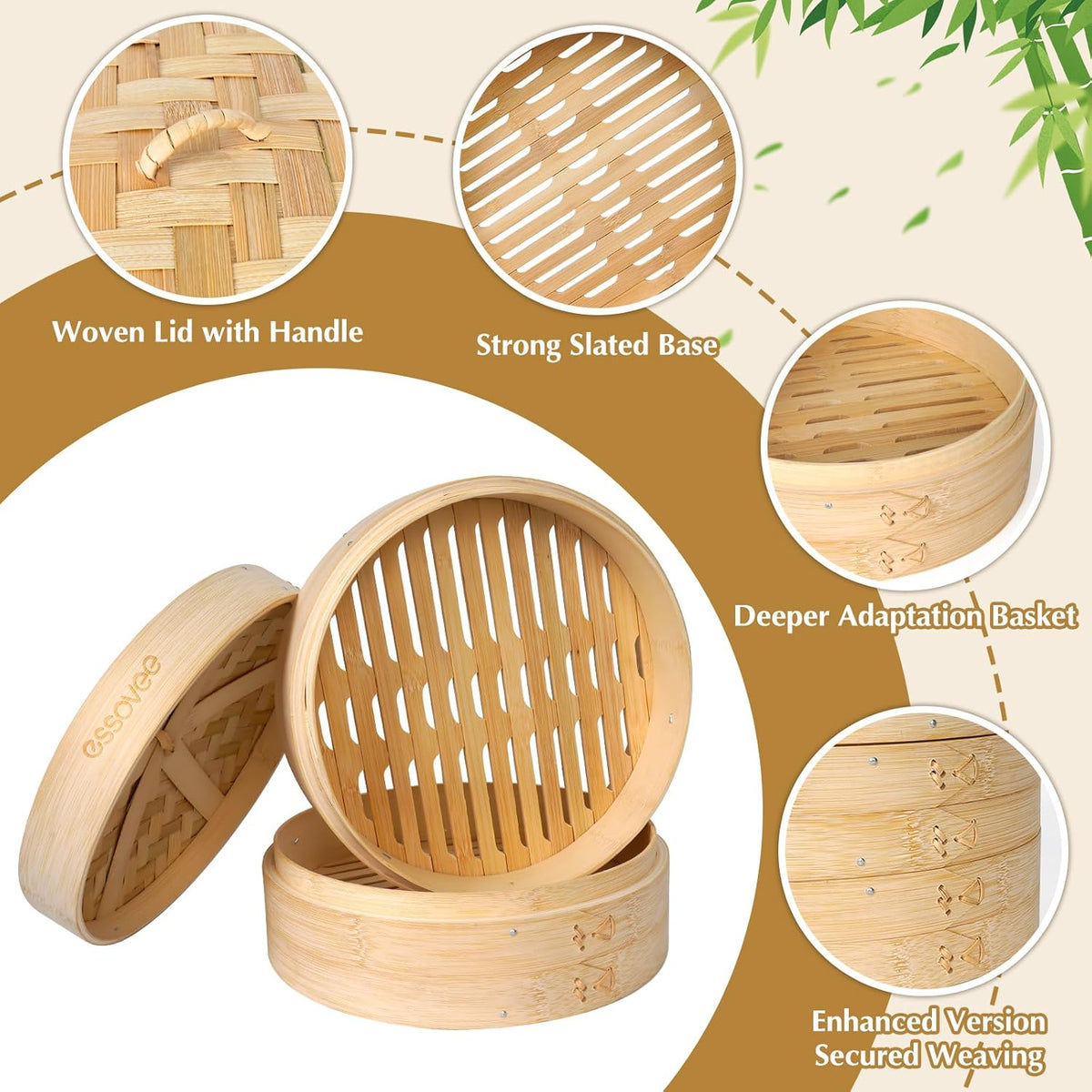 Bamboo Steamer 2 Tier 10-Inch Steaming Basket with Handle, Bun Vegetable Steam, Dumpling Steamer Bamboo Steam Basket, Chopsticks, Reusable Silicone Liner, Ring Adapter, for Chinese Asian Cuisine