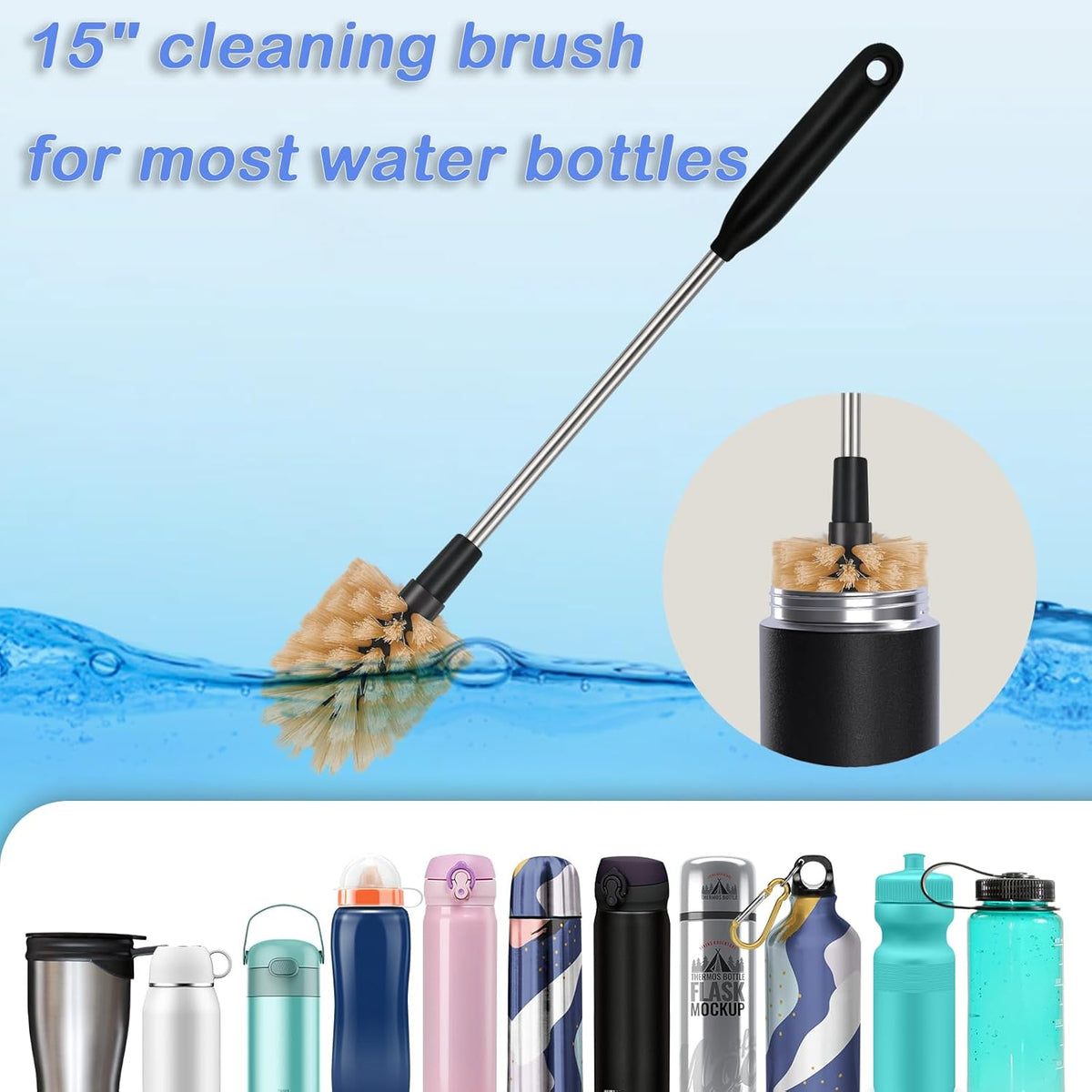 3 in 1 Stainless Steel Long Handled Water Bottle Brush Set, Kitchen Scrubber Cleaning Brush for Mugs, Coffee Cups, Glassware, Wine Glasses, Wake-Ups, with Straw Cleaner, Brown