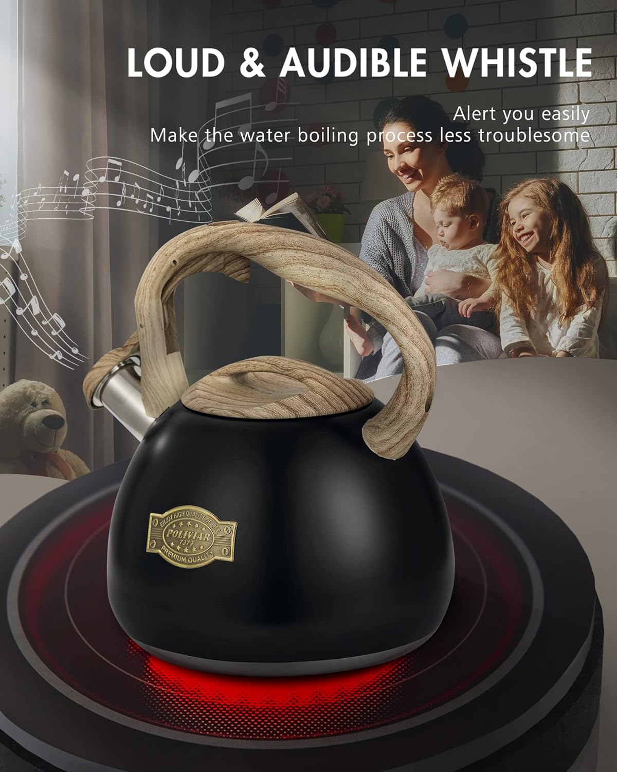 POLIVIAR Tea Kettle, 2.7 Quart Stovetop Tea Kettle, Audible Whistling Teapot, Food Grade Stainless Steel for Anti-Rust, Anti Hot Handle, Suitable for All Heat Sources (JX2022-MH30)