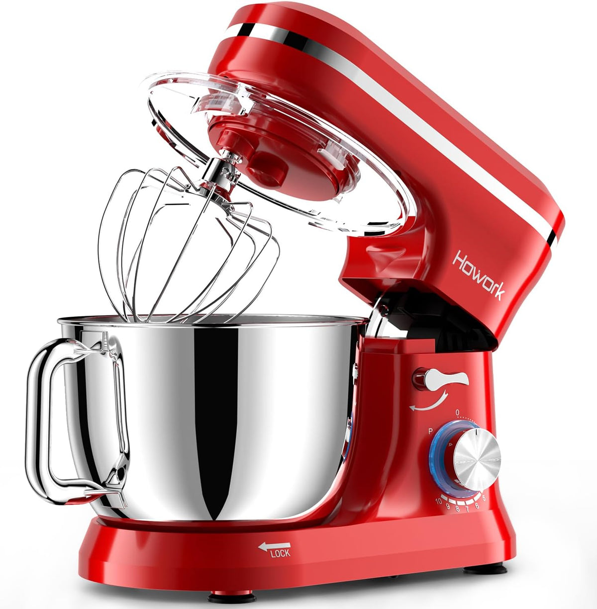 HOWORK Electric Stand Mixer,10+p Speeds With 6.5QT Stainless Steel Bowl,Dough Hook, Wire Whip & Beater,for Most Home Cooks,Bright Red