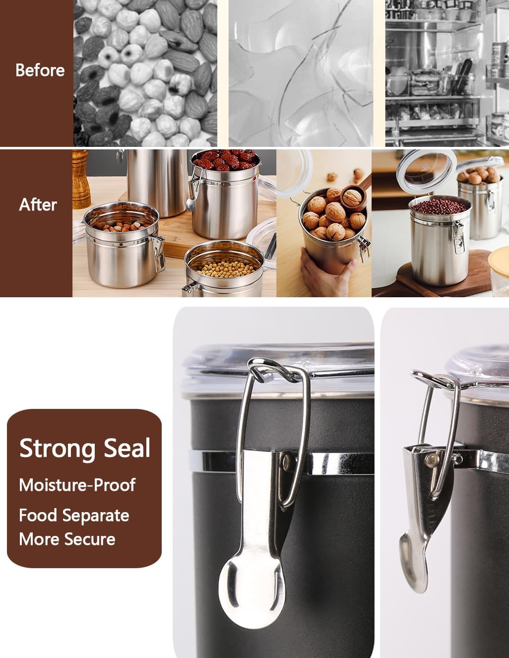 Stainless Steel Food Container with Clear Lids Airtight Storage Container Small Canisters Kitchen Pantry Storage for Cereal, Snacks, Candy, Herbs, Spices, Sugar, Tea (1.8L Dark Black)