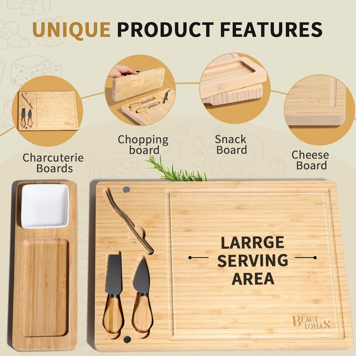 Charcuterie Boards Bamboo Cheese Board with Knife Set, Serving Tray, Gifts for Women, Housewarming Gifts for New Home, Wedding Gift for Couples 2025 (With 1 Bowl)