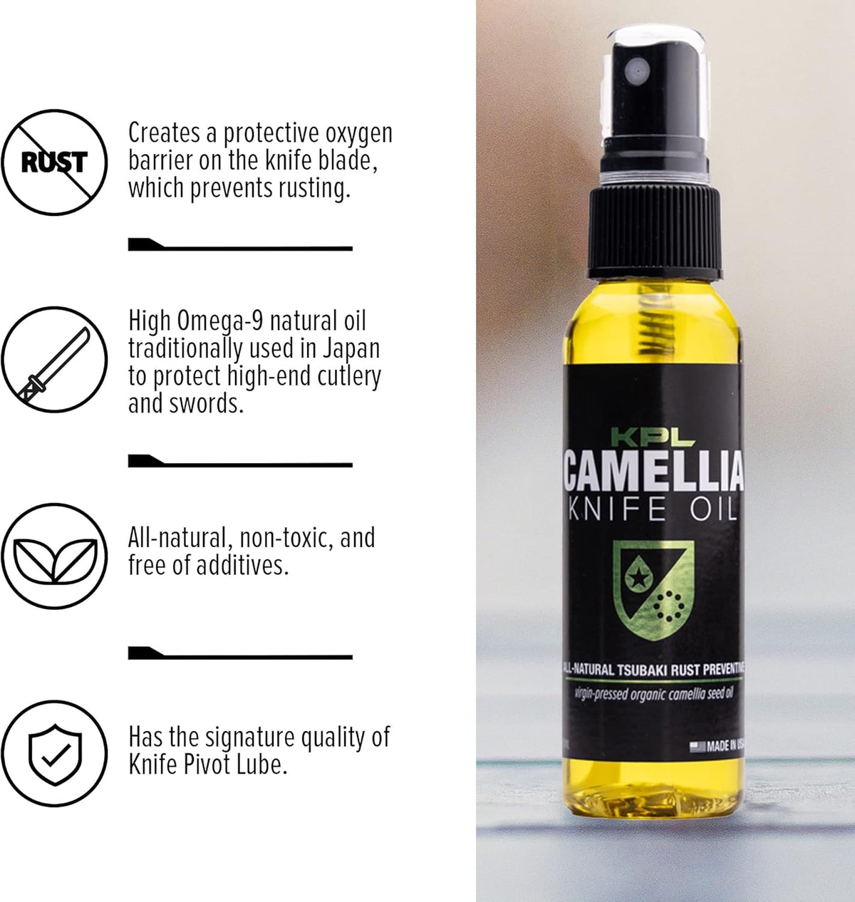 Knife Pivot Lube – Camellia Knife Oil for Blades – Tsubaki, Honing Oil for Cleaning and Blade Care – 60ml Spray Bottle