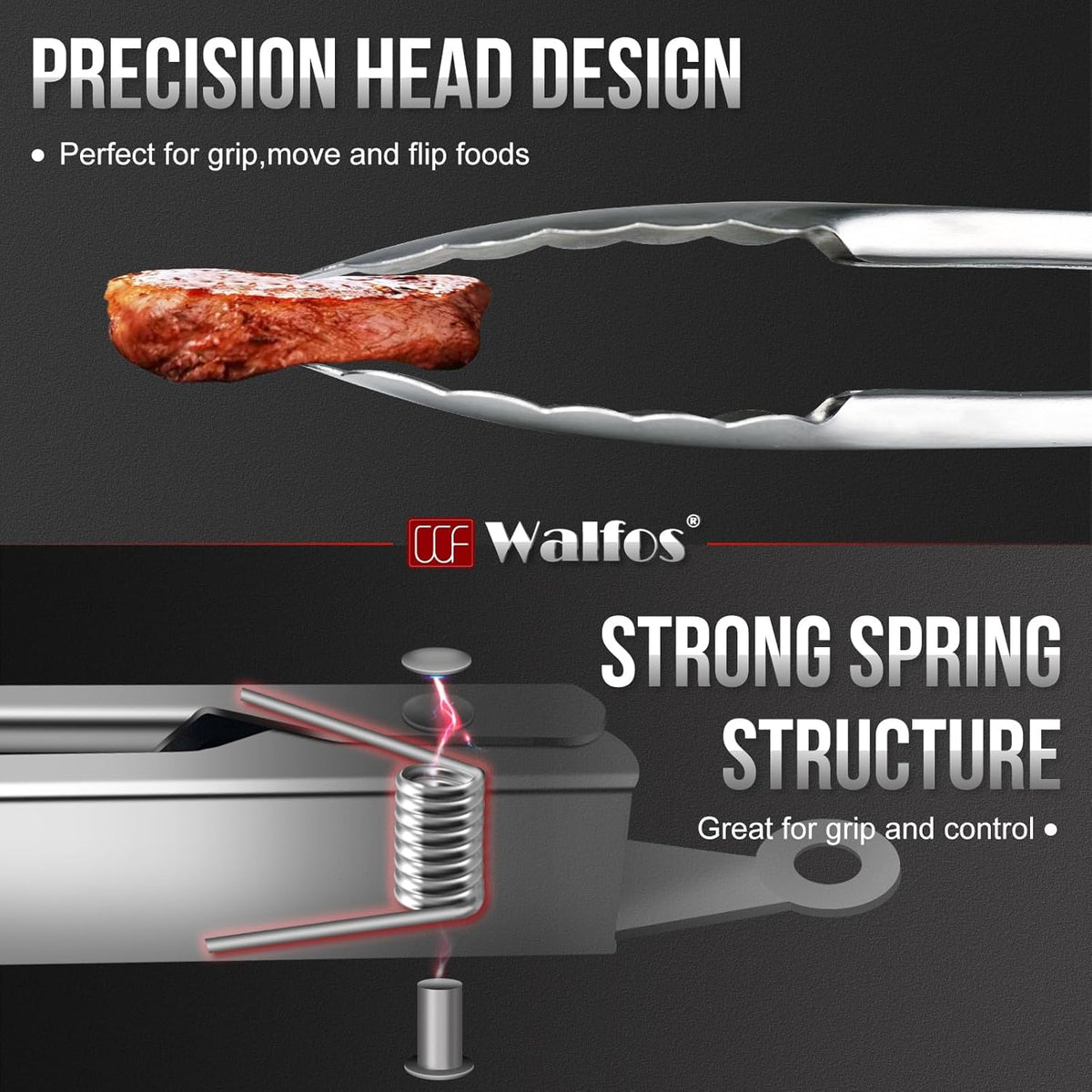Walfos tongs for cooking, All Metal Kitchen Tongs 600℉ Heat Resistant, Heavy Duty Locking Tongs 2-piece 12 Inch
